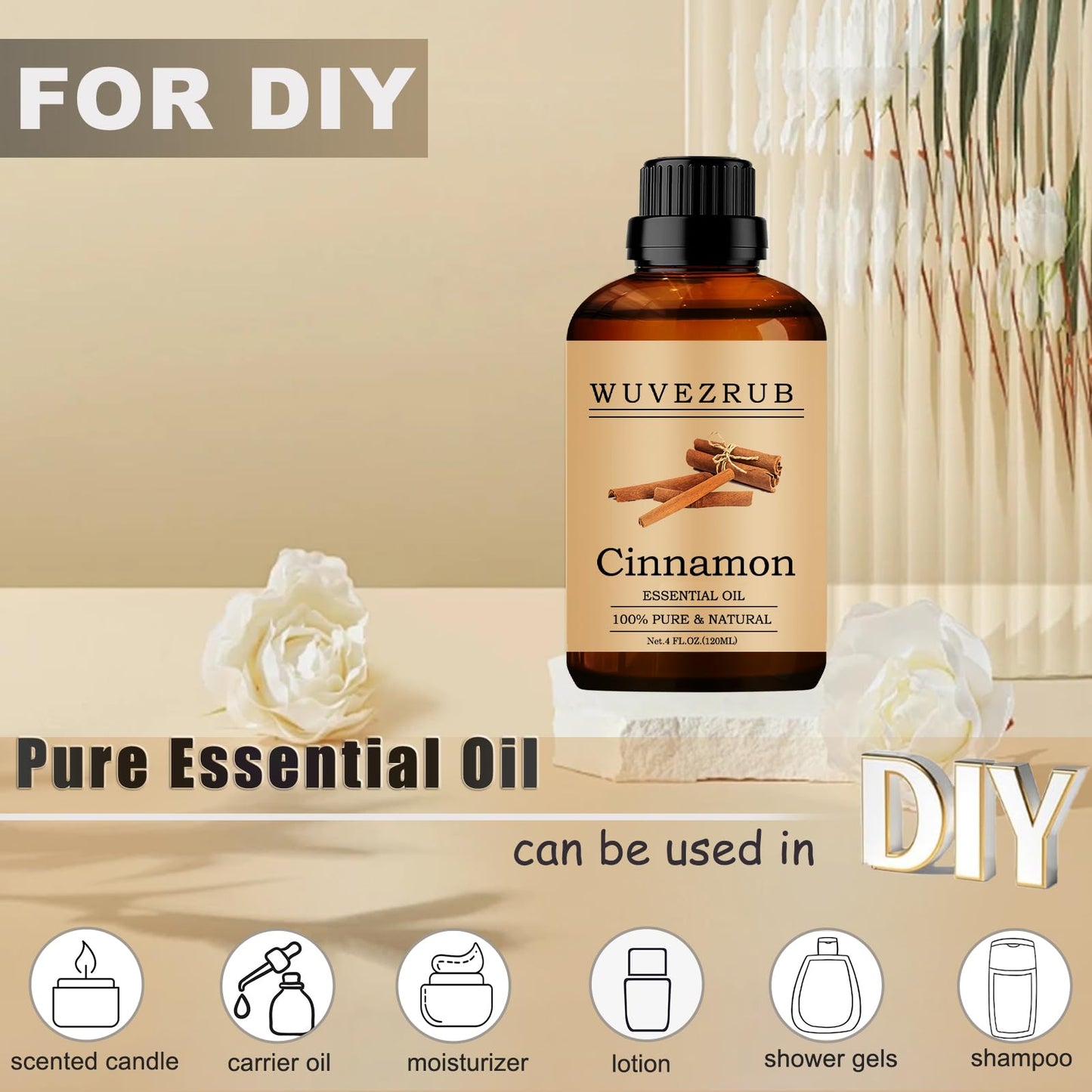 Wuvezrub Cinnamon Essential Oils 120ML – Pure & Natural for Aromatherapy Diffusers