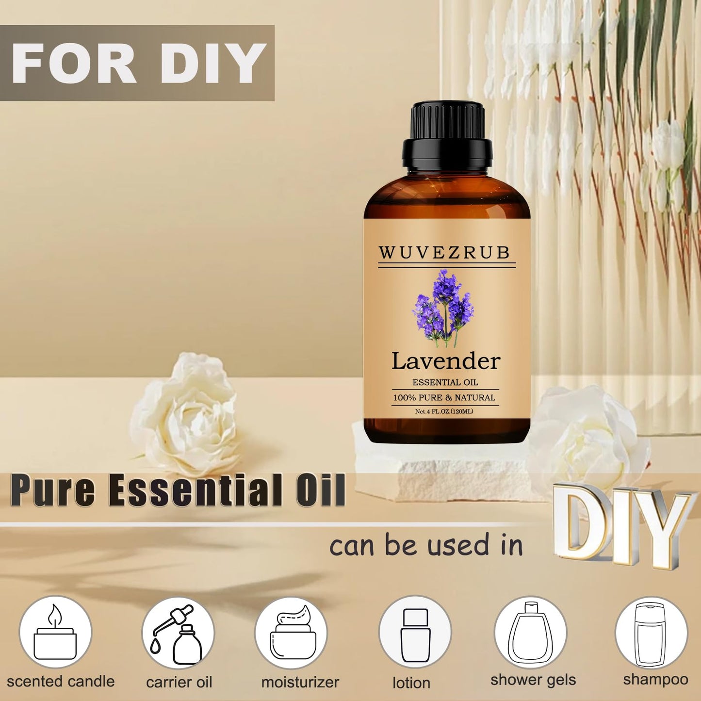 Wuvezrub Lavender Essential Oil 120ML – 100% Pure & Natural for Aromatherapy