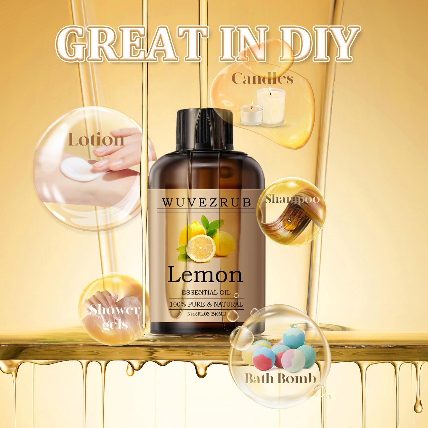 Wuvezrub Lemon Essential Oil 240ML (8 Fl Oz) — 100% Pure & Natural for Aromatherapy Diffuser