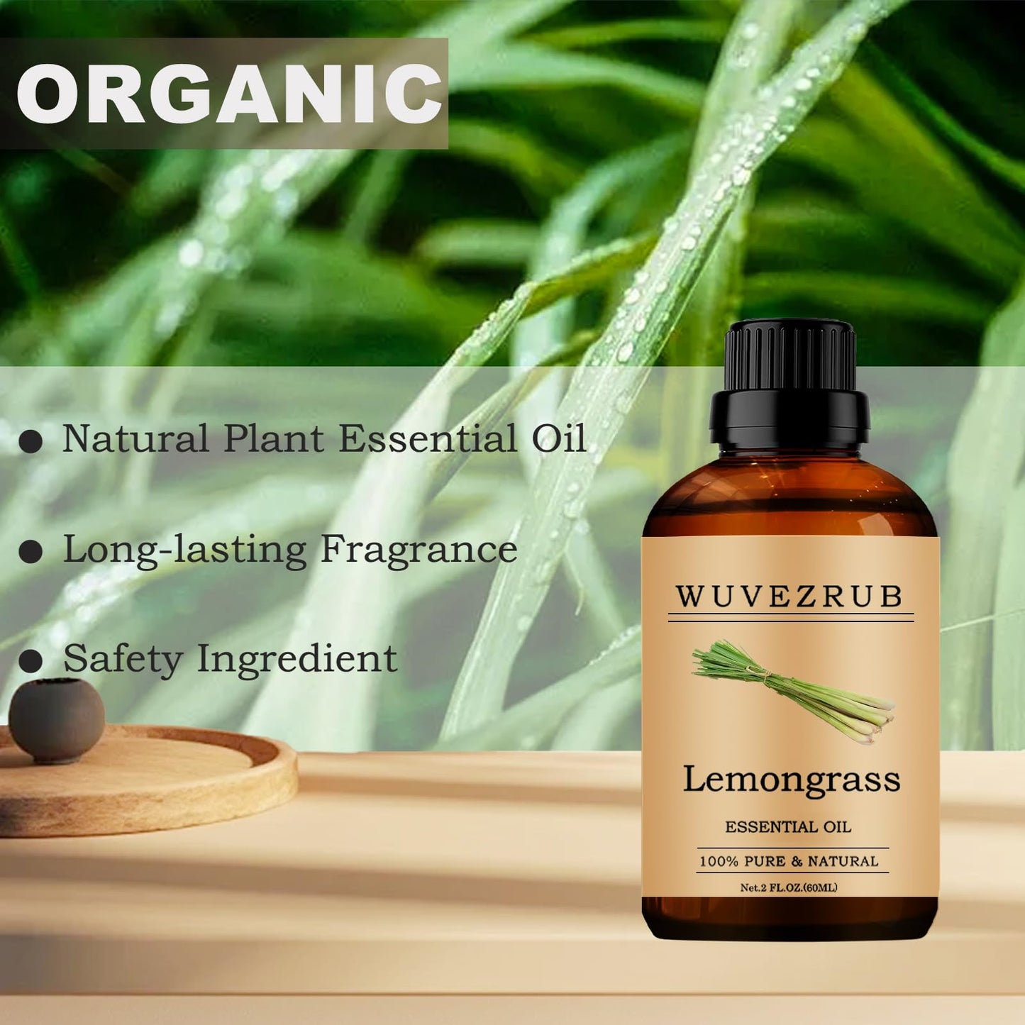 Wuvezrub Lemongrass Essential Oil 60ml – 100% Pure & Natural for Aromatherapy Diffuser (2 Fl Oz)