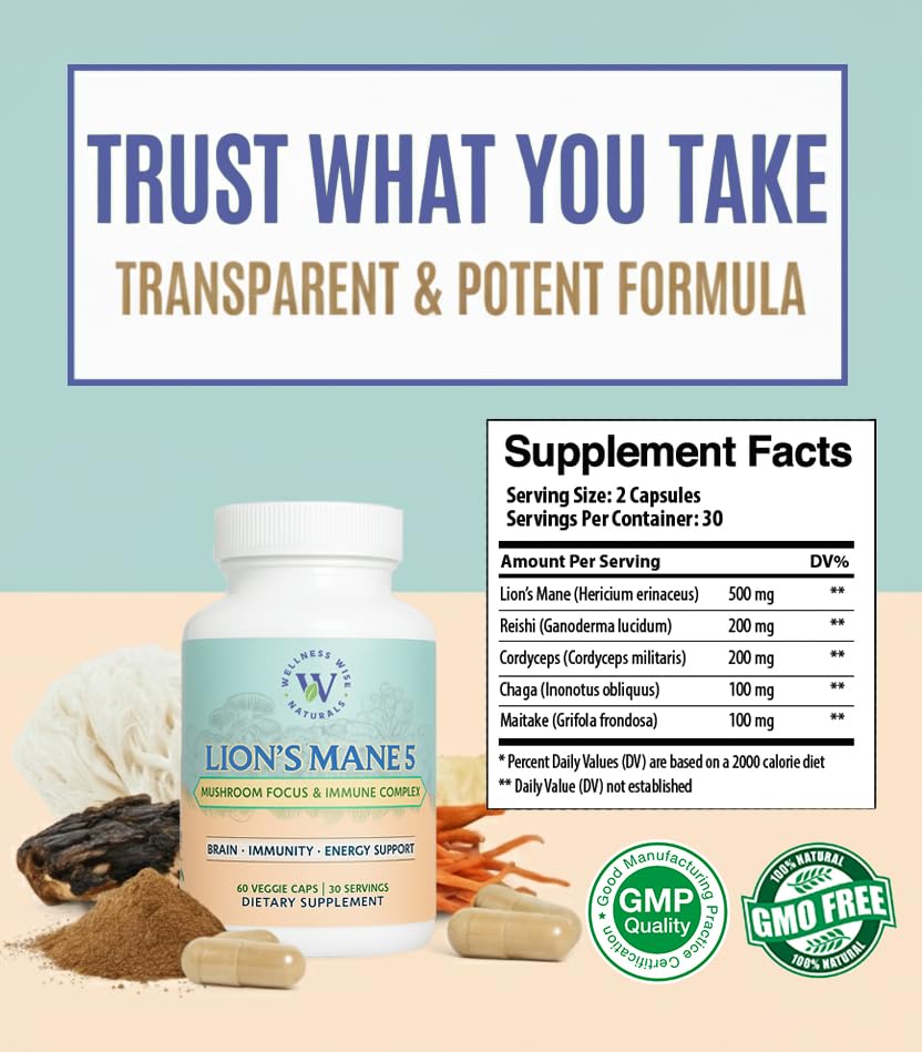Wellness Wise Naturals Lion's Mane 5-Mushroom Complex – Focus & Immune Support | 60 Count
