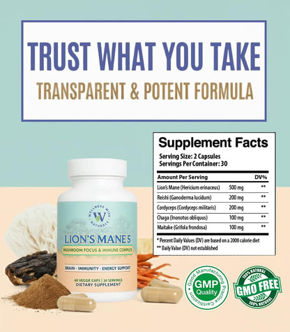 Wellness Wise Naturals Lion's Mane 5-Mushroom Complex – Focus & Immune Support | 60 Count