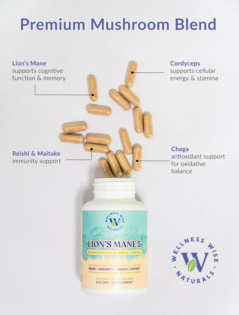 Wellness Wise Naturals Lion's Mane 5-Mushroom Complex – Focus & Immune Support | 60 Count