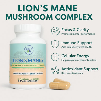 Wellness Wise Naturals Lion's Mane 5-Mushroom Complex – Focus & Immune Support | 60 Count