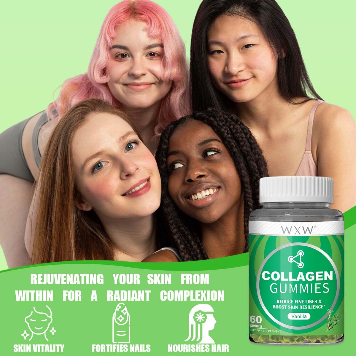 WXW Hydrolyzed Collagen Gummies for Women - Non-GMO Anti-Aging Formula | Biotin, Zinc, Vitamins C & E | Vanilla 60ct