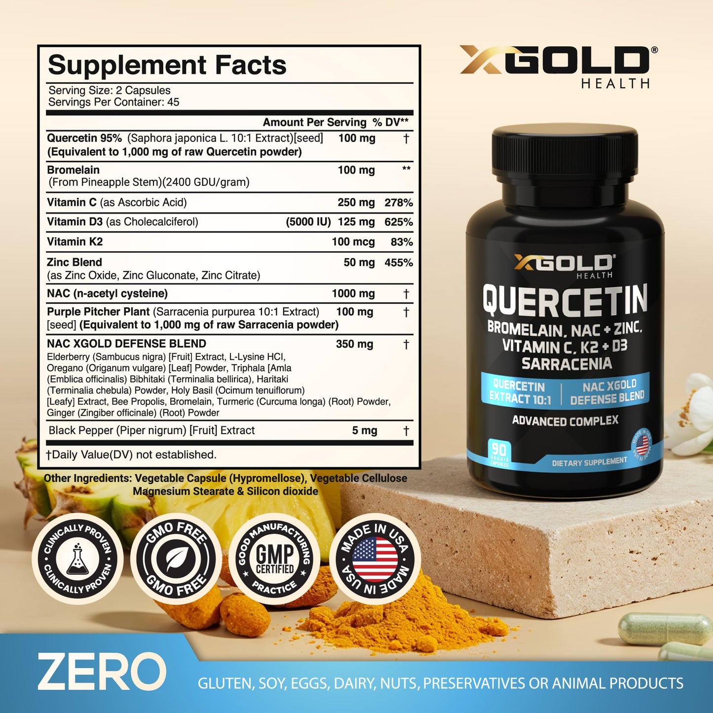 X Gold Immune Support - Quercetin 1000mg, NAC 1000mg, Zinc + D3+K2 | 120 Caps