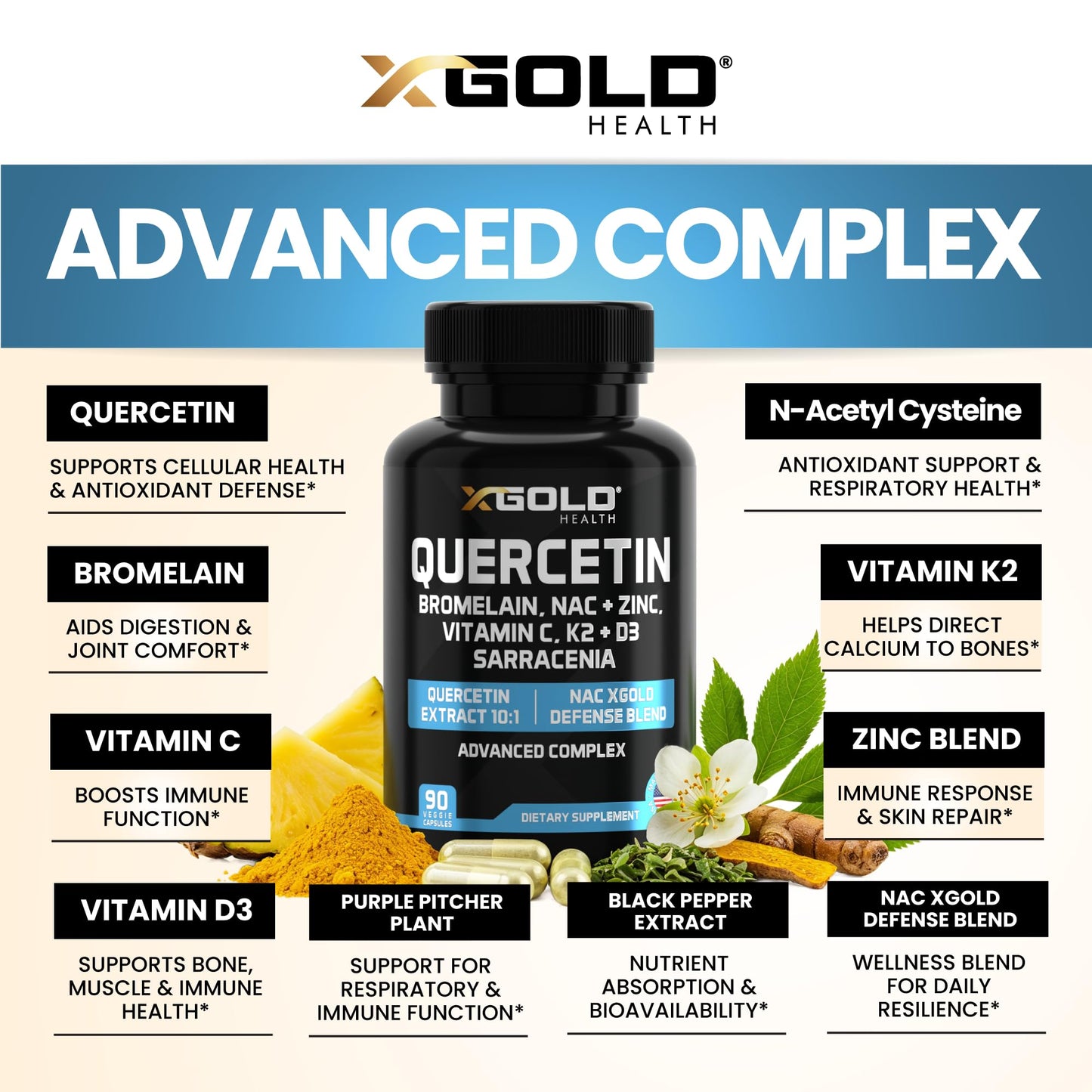 X Gold Immune Support - Quercetin 1000mg, NAC 1000mg, Zinc + D3+K2 | 120 Caps