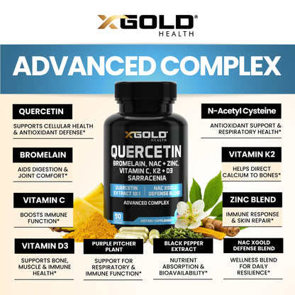 X Gold Immune Support - Quercetin 1000mg, NAC 1000mg, Zinc + D3+K2 | 120 Caps