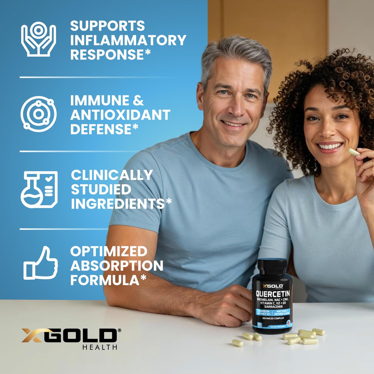 X Gold Immune Support - Quercetin 1000mg, NAC 1000mg, Zinc + D3+K2 | 120 Caps