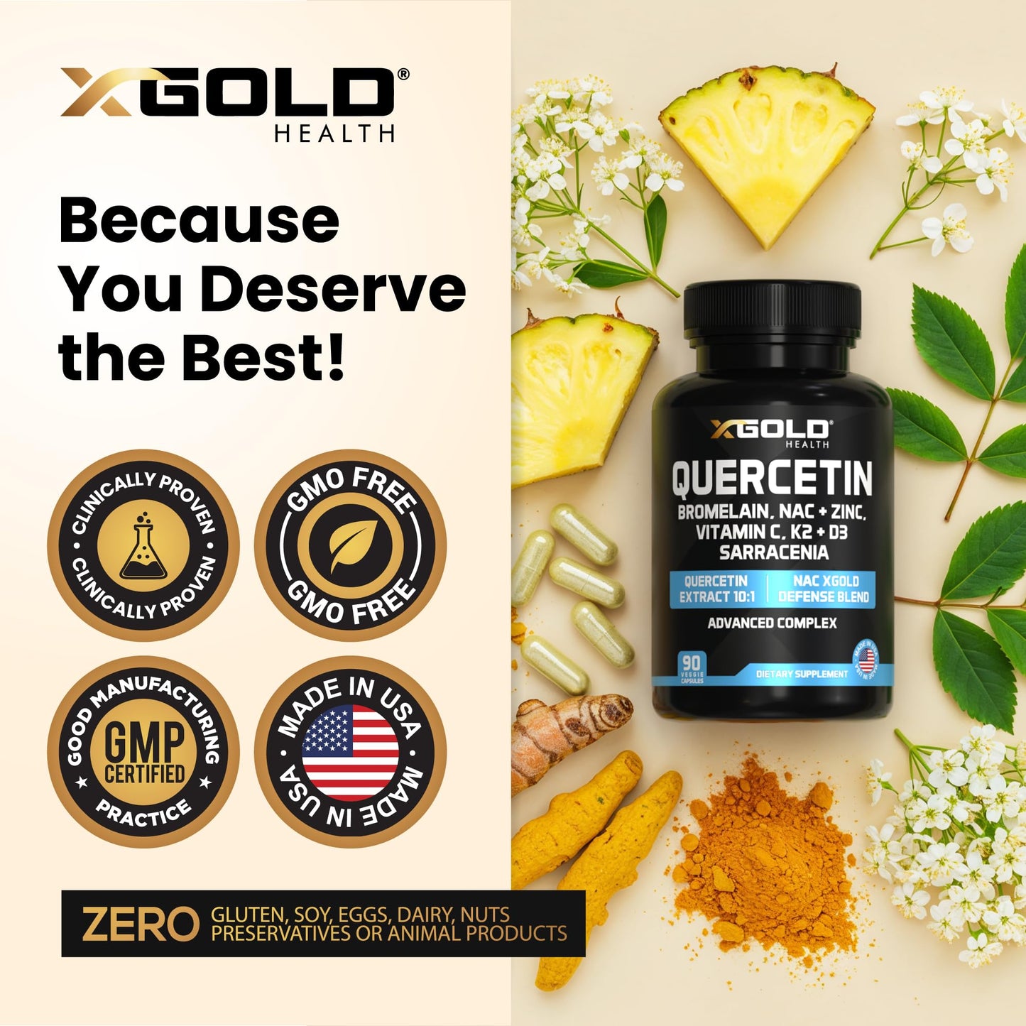 X Gold Immune Support - Quercetin 1000mg, NAC 1000mg, Zinc + D3+K2 | 120 Caps