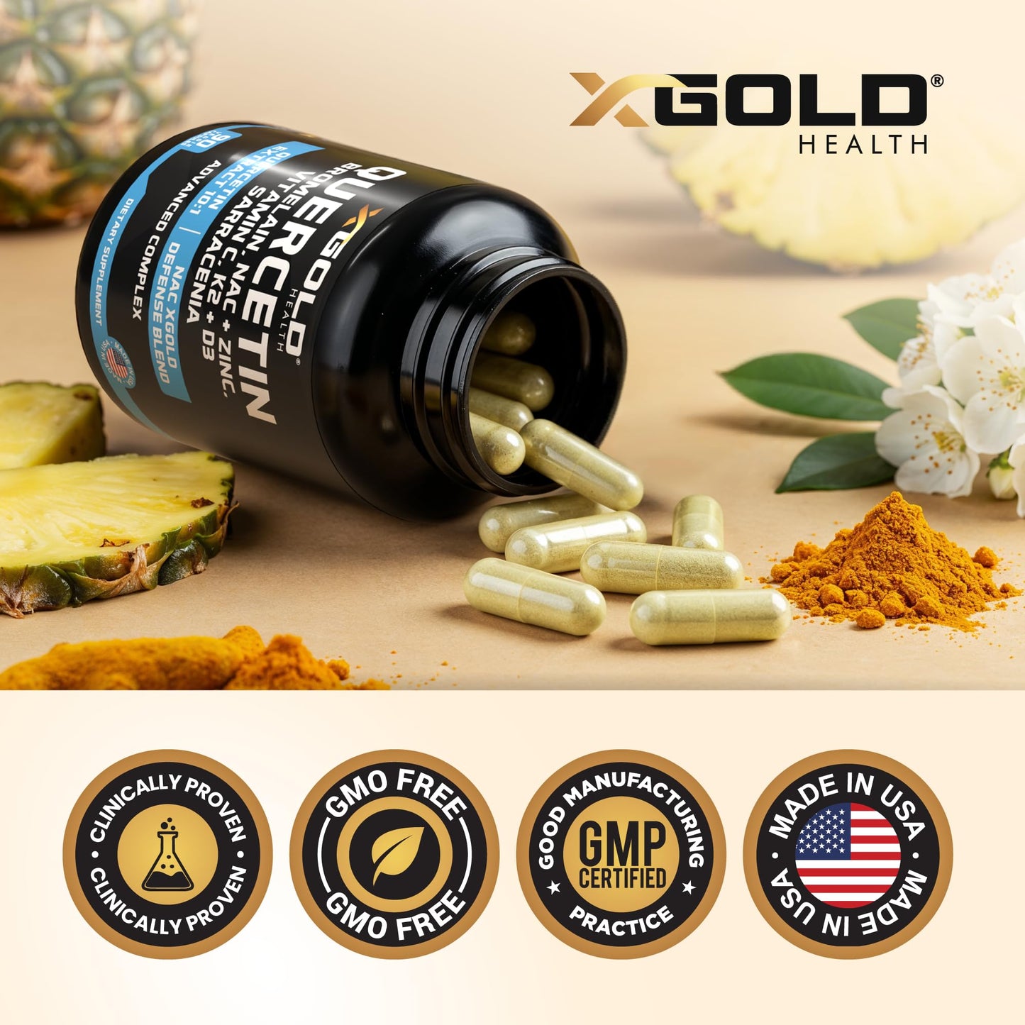 X Gold Immune Support - Quercetin 1000mg, NAC 1000mg, Zinc + D3+K2 | 120 Caps