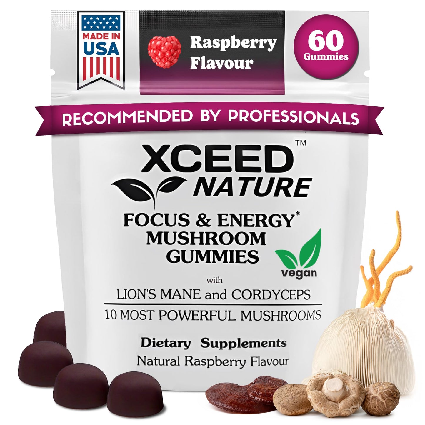 XCEED NATURE Lions Mane & Cordyceps Gummies – 60 Pcs, 10in1 Focus & Energy