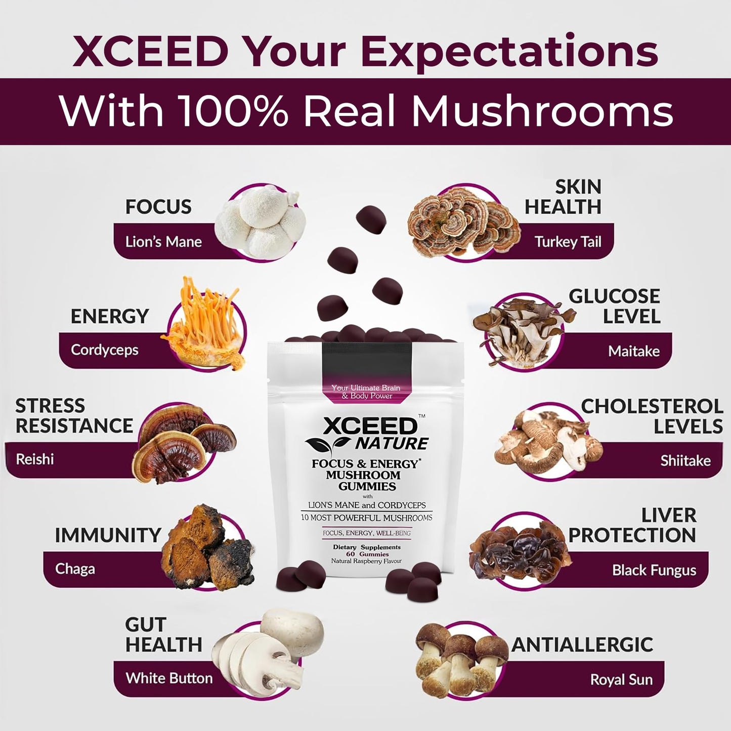 XCEED NATURE Lions Mane & Cordyceps Gummies – 60 Pcs, 10in1 Focus & Energy