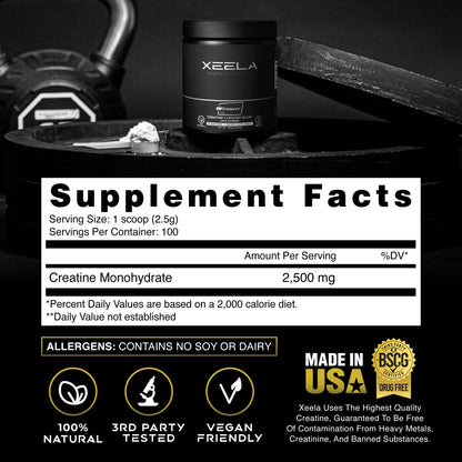 XEELA Creatine for Lean Muscle Gain – Unflavored, 60 Servings | Creapure, Vegan