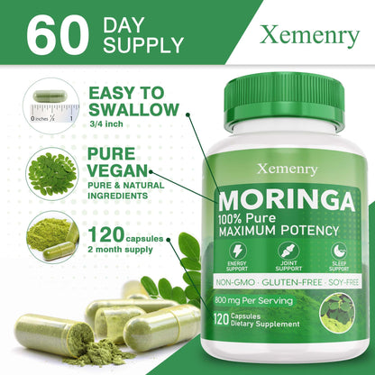 Xemenry Moringa Capsules 800mg | Energy, Immune & Gut Health - 120 Caps