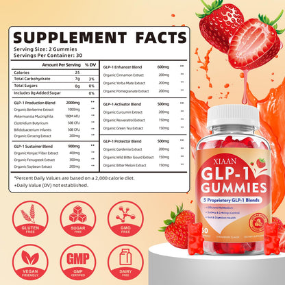XIAAN GLP-1 Gummies - Natural GLP-1 Supplement with Berberine & Akkermansia Probiotic, Sugar-Free Strawberry 60 Count