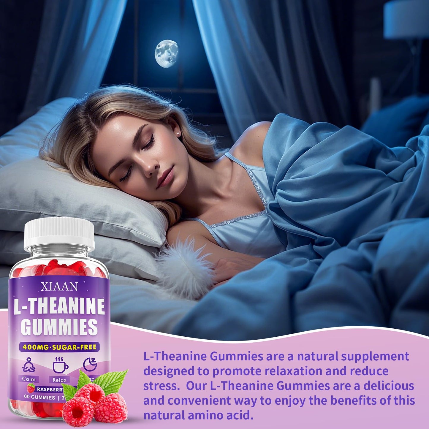 XIAAN L-Theanine Gummies for Kids & Adults – 400mg Chewable L-Theanine, Calm, Zzz & Relaxation, Vegan & Organic Raspberry Flavor, 120 Counts