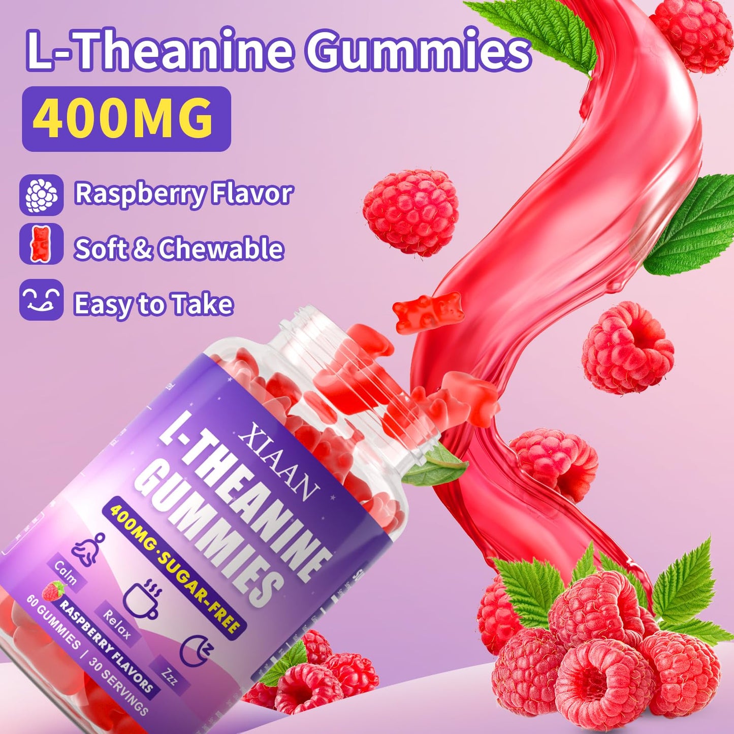 XIAAN L-Theanine Gummies – 400mg, Calm & Sleep Support (Vegan Raspberry)