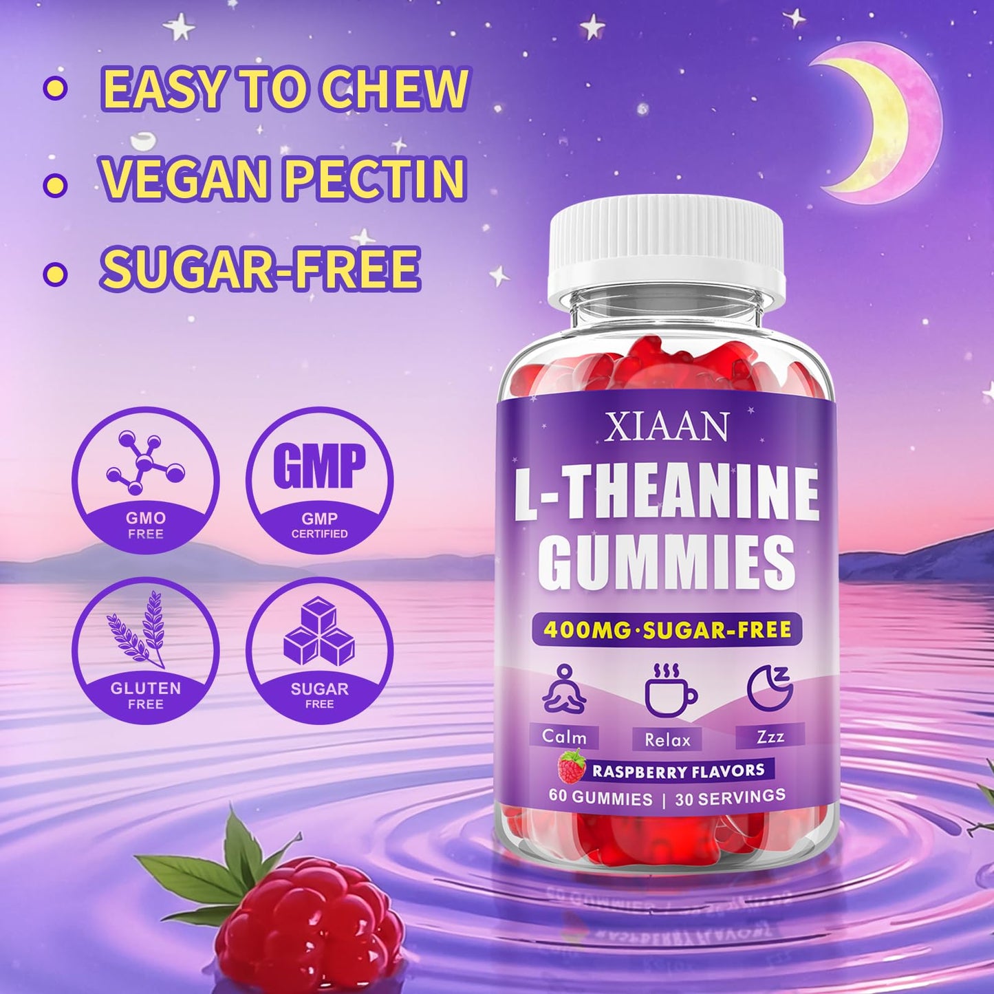 XIAAN L-Theanine Gummies – 400mg, Calm & Sleep Support (Vegan Raspberry)