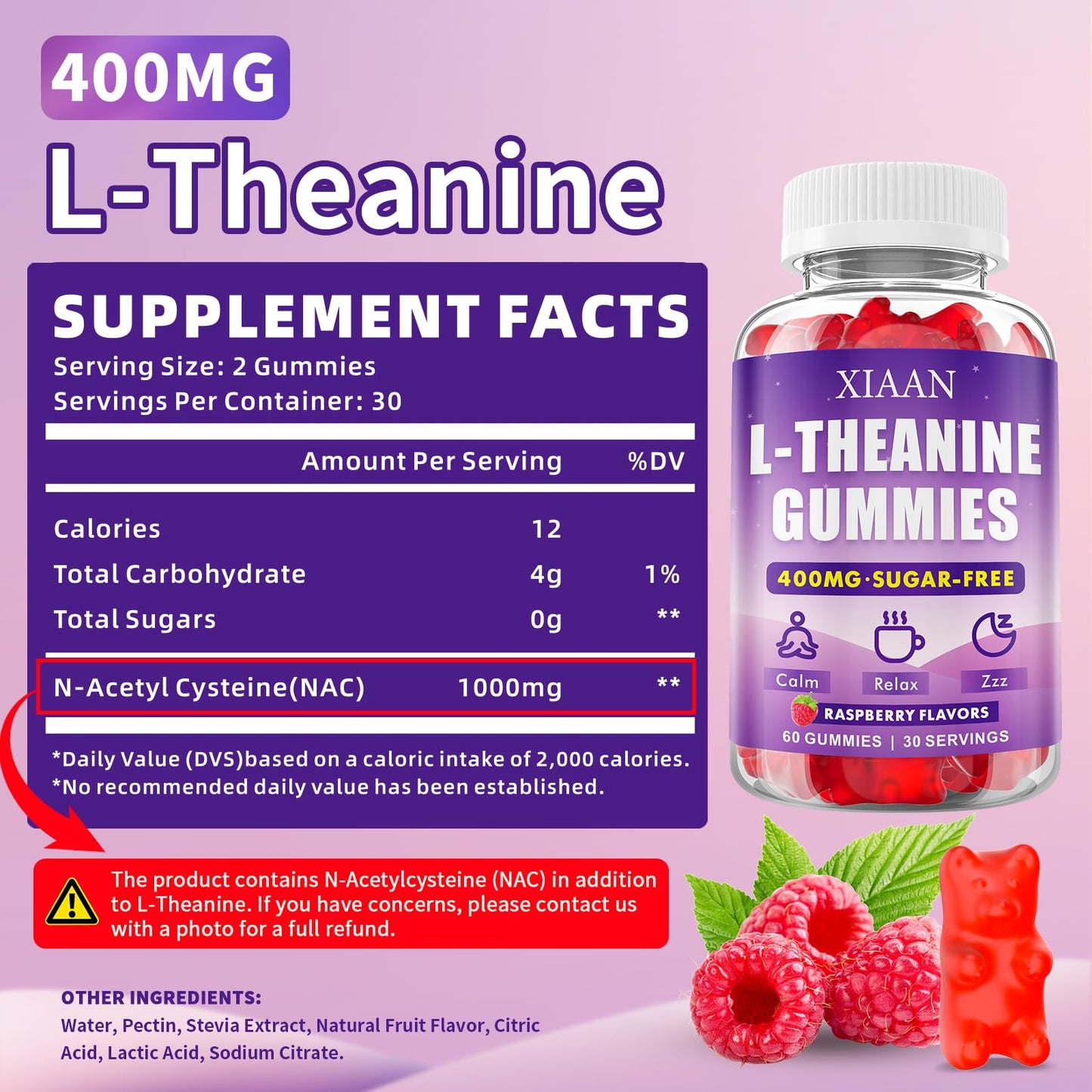 XIAAN L-Theanine Gummies – 400mg, Calm & Sleep Support (Vegan Raspberry)