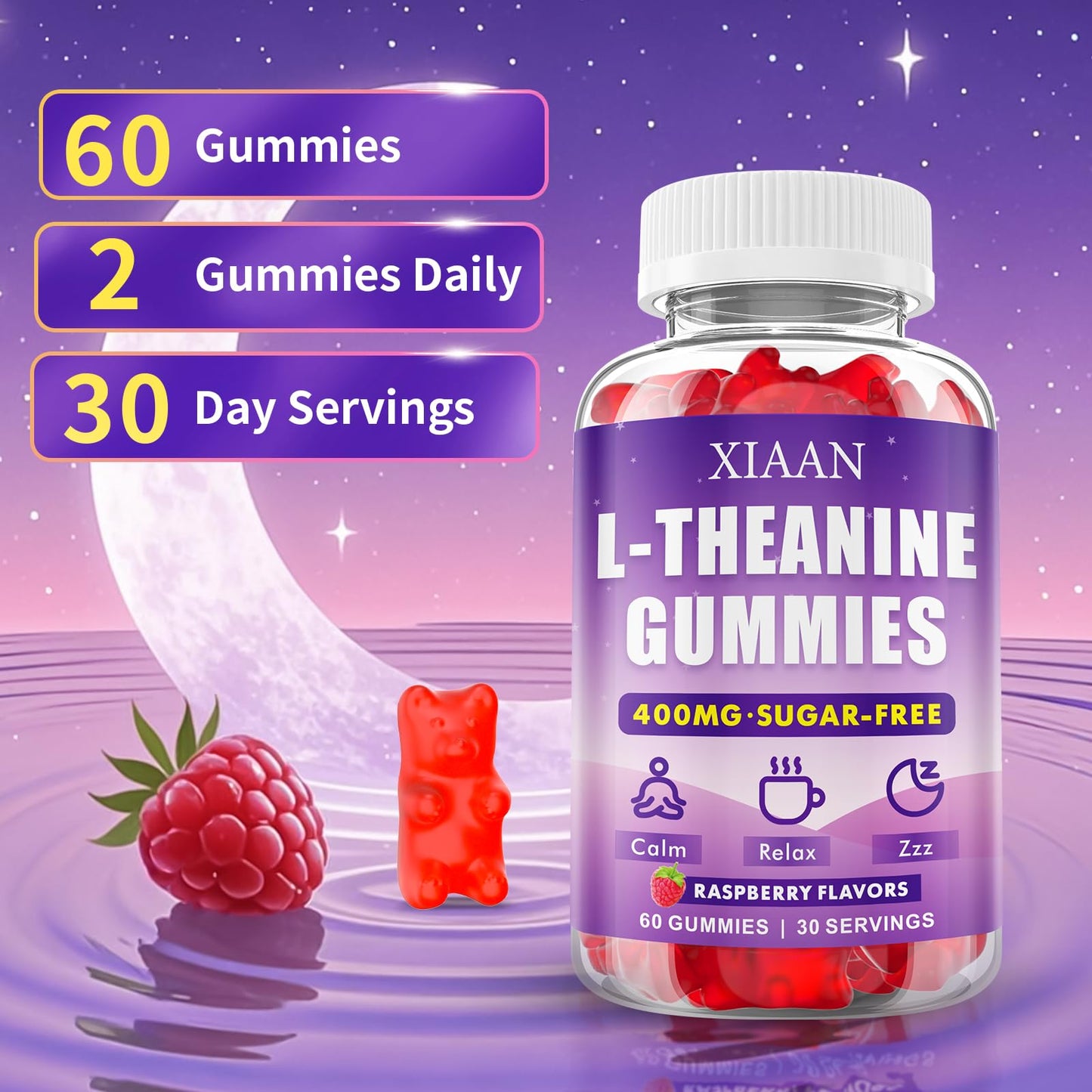 XIAAN L-Theanine Gummies for Kids & Adults – 400mg Chewable L-Theanine, Calm, Zzz & Relaxation, Vegan & Organic Raspberry Flavor, 120 Counts