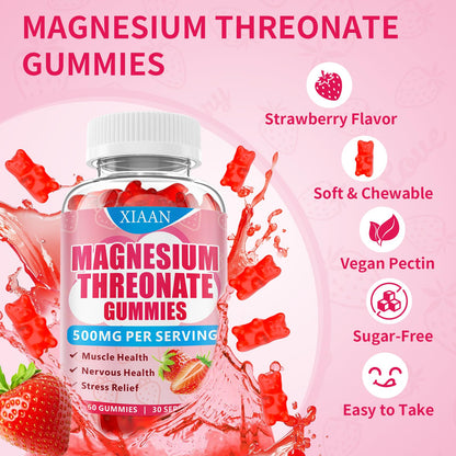 XIAAN Magnesium L-Threonate Gummies 500mg – Sugar-Free Strawberry, 120 Count