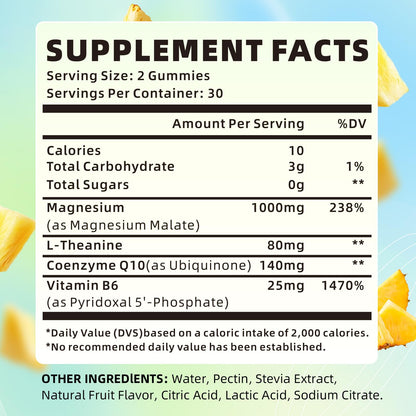 XIAAN Magnesium Malate Gummies 1000mg – CoQ10, L-Theanine & Vitamin B6 | Sugar-Free Pineapple