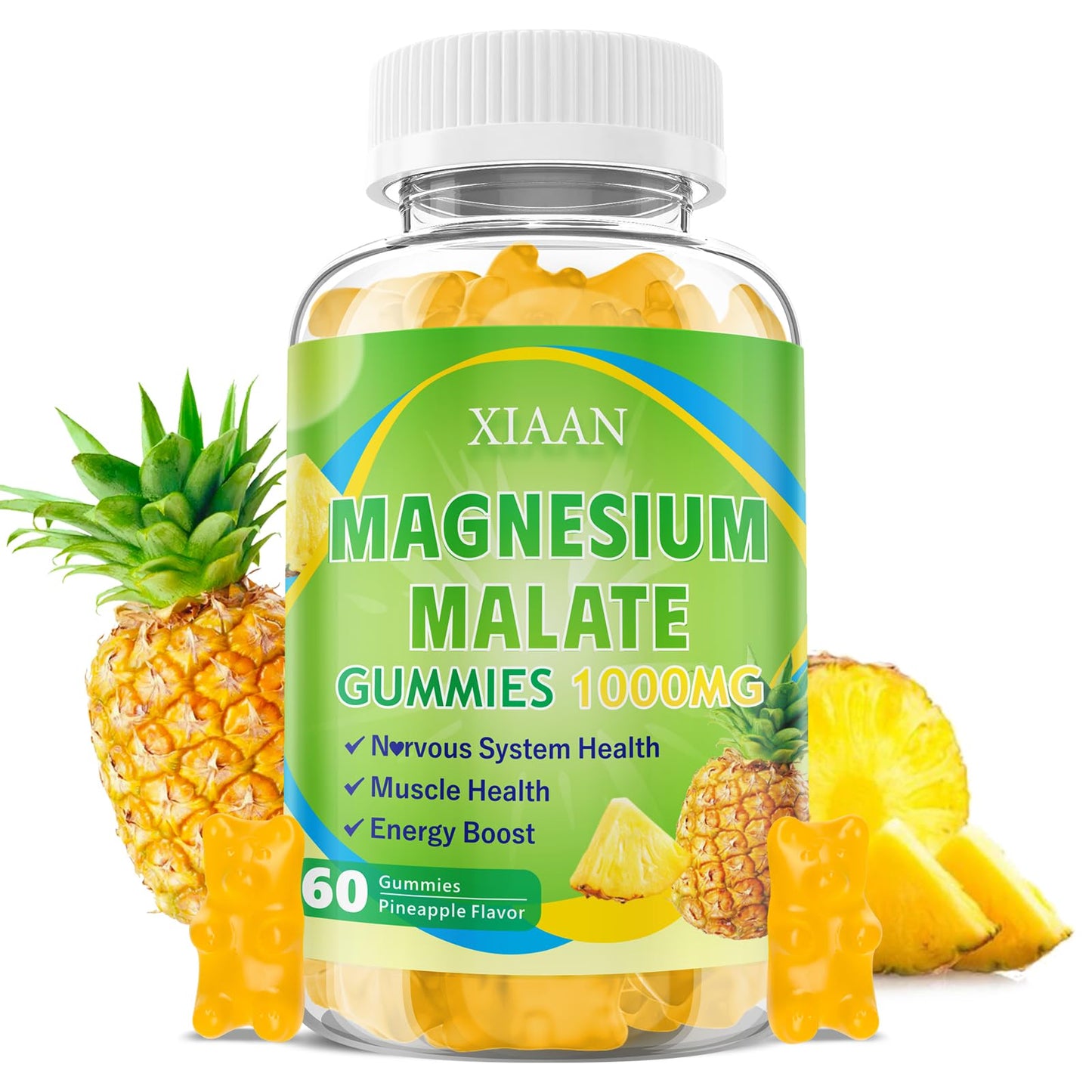 XIAAN Magnesium Malate Gummies 1000mg – CoQ10, L-Theanine & Vitamin B6 | Sugar-Free Pineapple