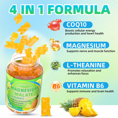 XIAAN Magnesium Malate Gummies 1000mg – CoQ10, L-Theanine & Vitamin B6 | Sugar-Free Pineapple