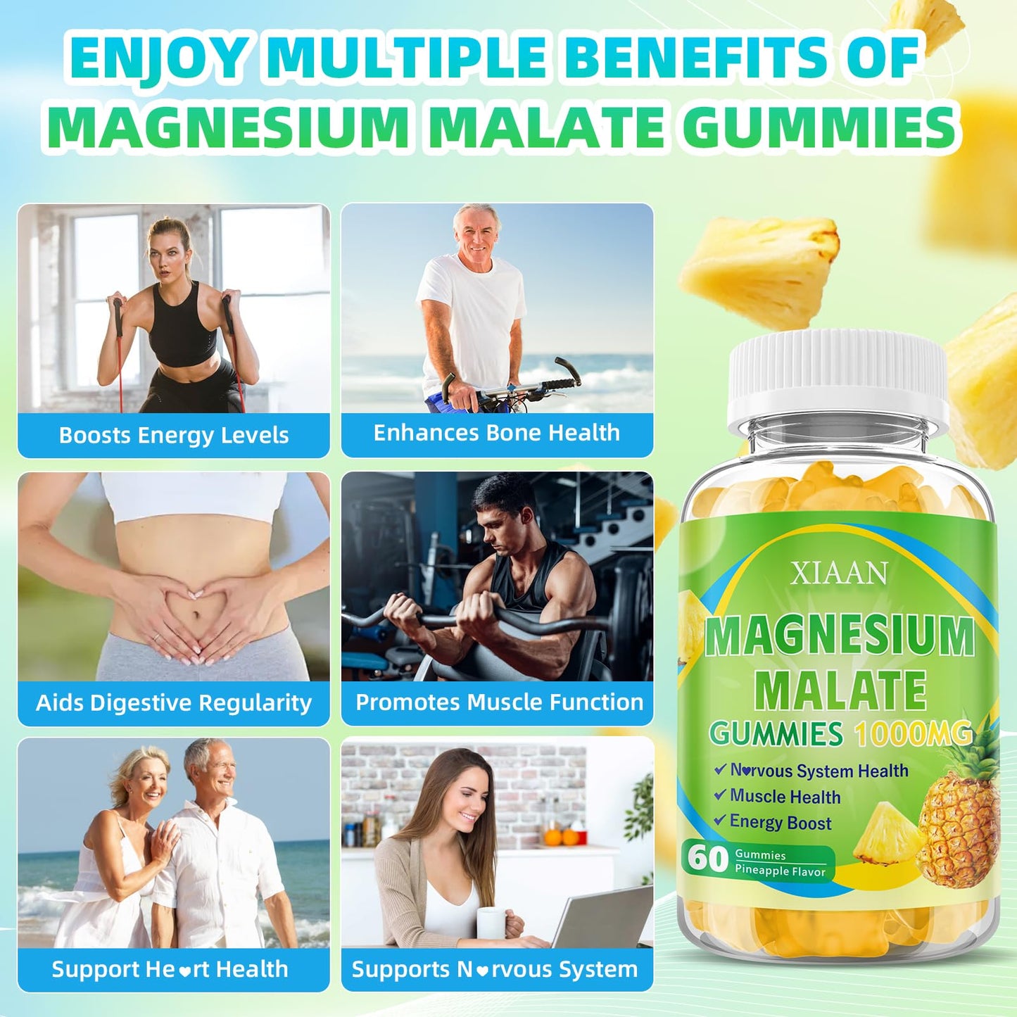 XIAAN Magnesium Malate Gummies 1000mg – CoQ10, L-Theanine & Vitamin B6 | Sugar-Free Pineapple