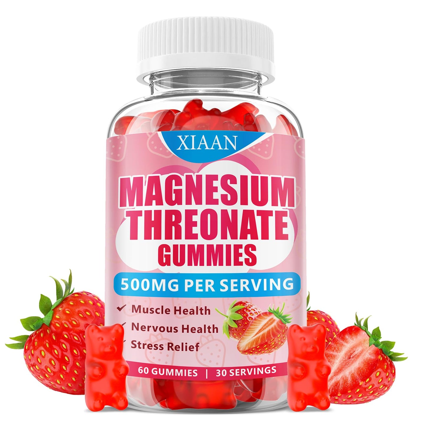 XIAAN Magnesium L-Threonate Gummies 500mg – Sugar-Free Strawberry 60 Count