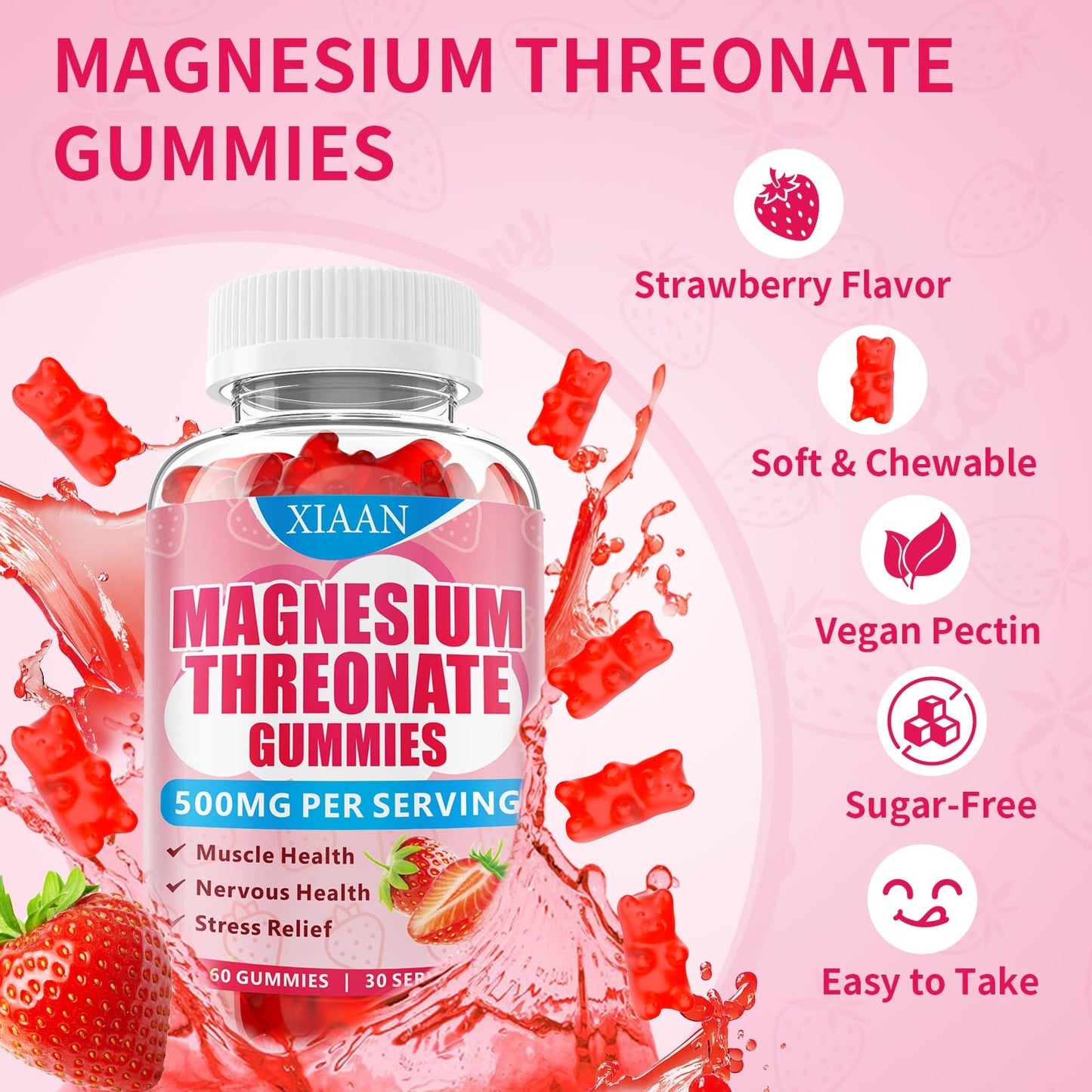 XIAAN Magnesium L-Threonate Gummies 500mg – Sugar-Free Strawberry 60 Count