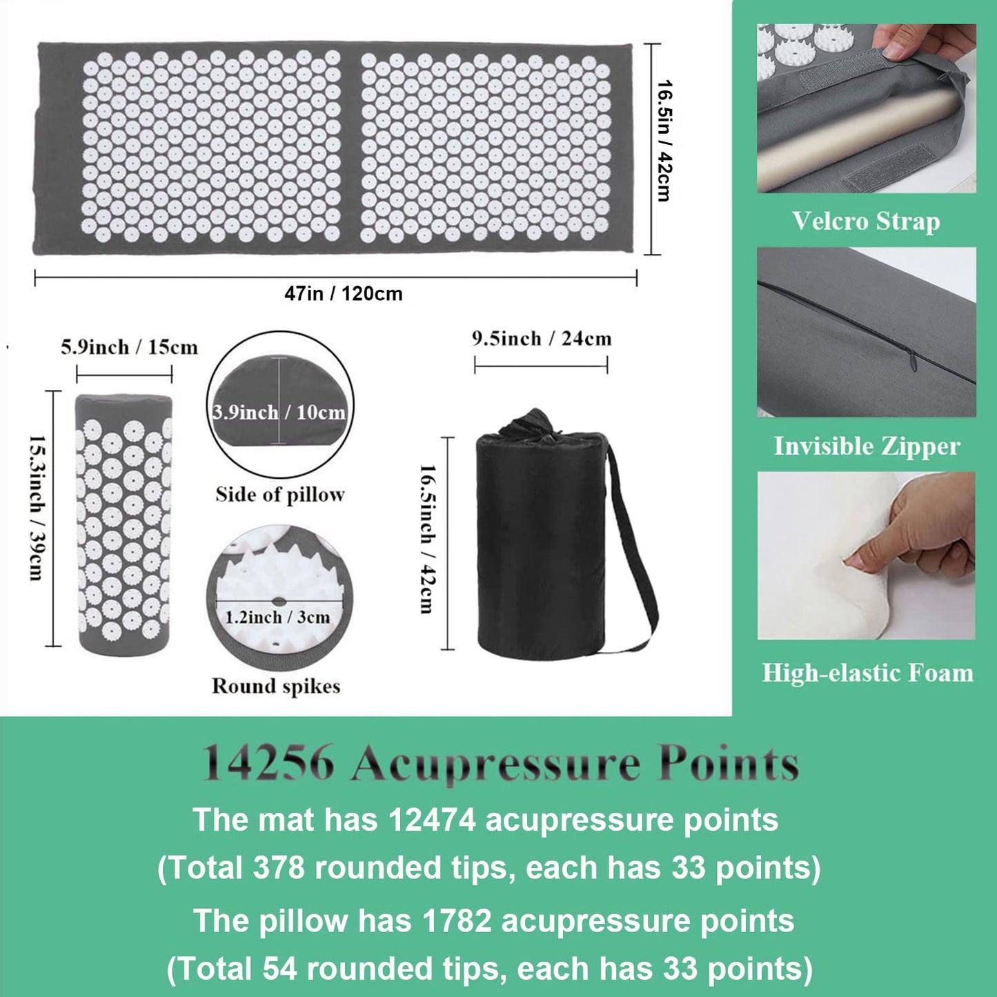 XiaoMaGe Acupressure Mat & Pillow Set – Gray, Back Pain Relief