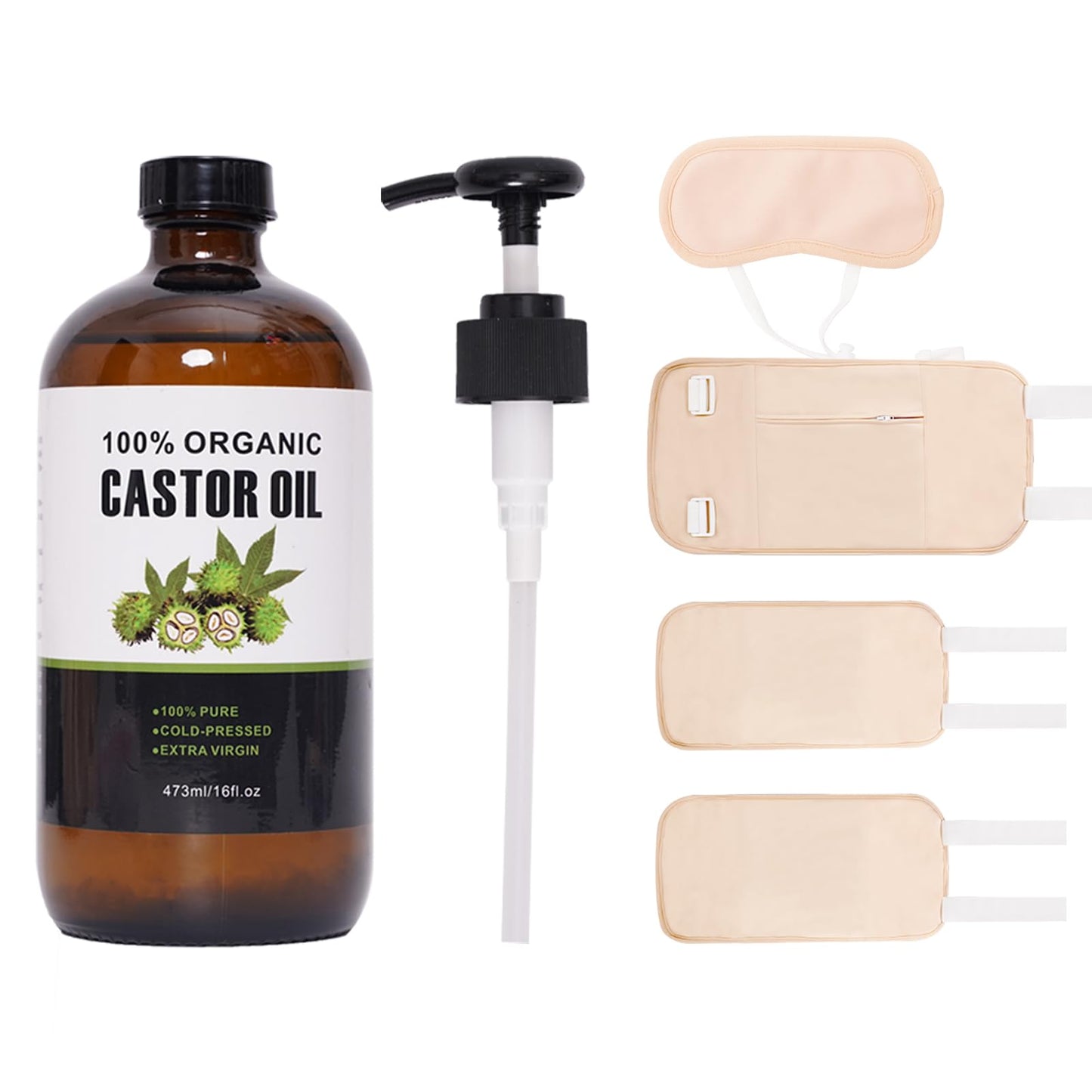XIKERAY Organic Cold-Pressed Castor Oil (16oz/473ml) + Castor Oil Pack Kit