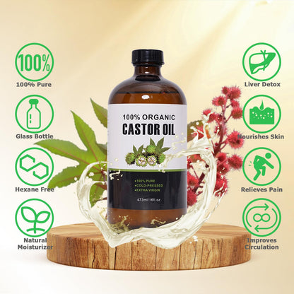 XIKERAY Organic Cold-Pressed Castor Oil (16oz/473ml) + Castor Oil Pack Kit