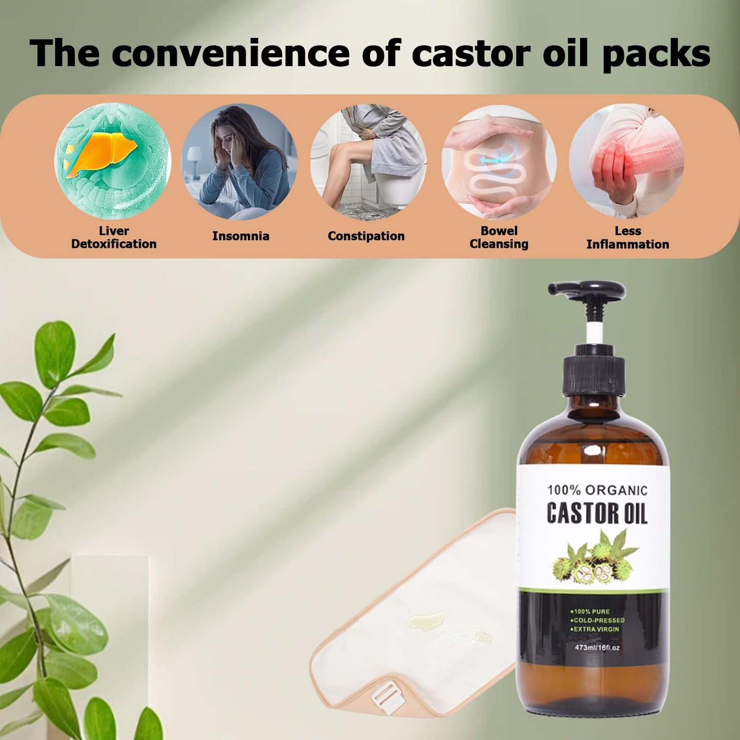 XIKERAY Organic Cold-Pressed Castor Oil (16oz/473ml) + Castor Oil Pack Kit