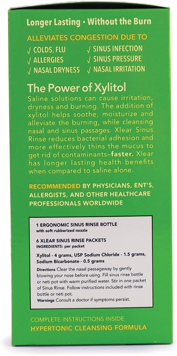 Xlear Natural Xylitol Nasal Irrigation System with 6 Saline Packets & Sinus Rinse Bottle – Pack of 2