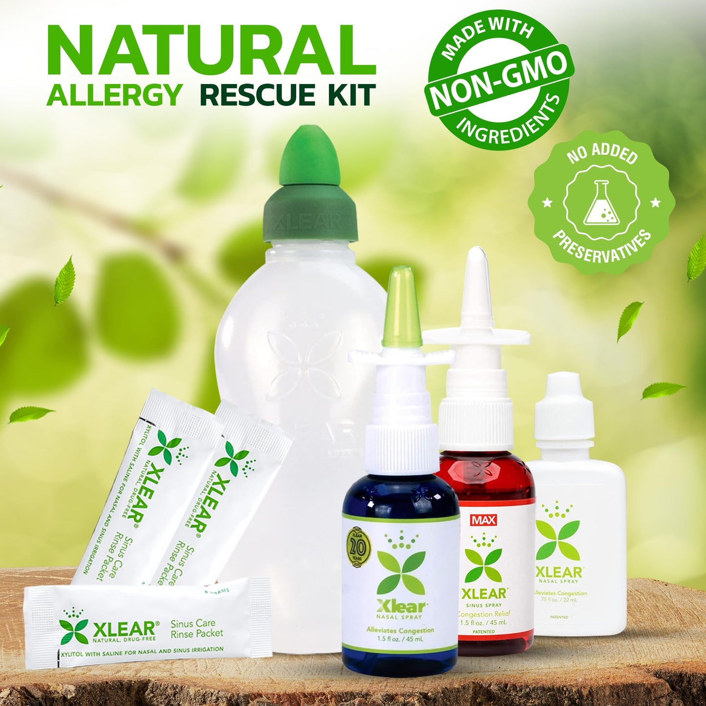 Xlear Allergy Relief Kit | All-Day Nasal Spray, Neti Pot & 50 Refill Packets