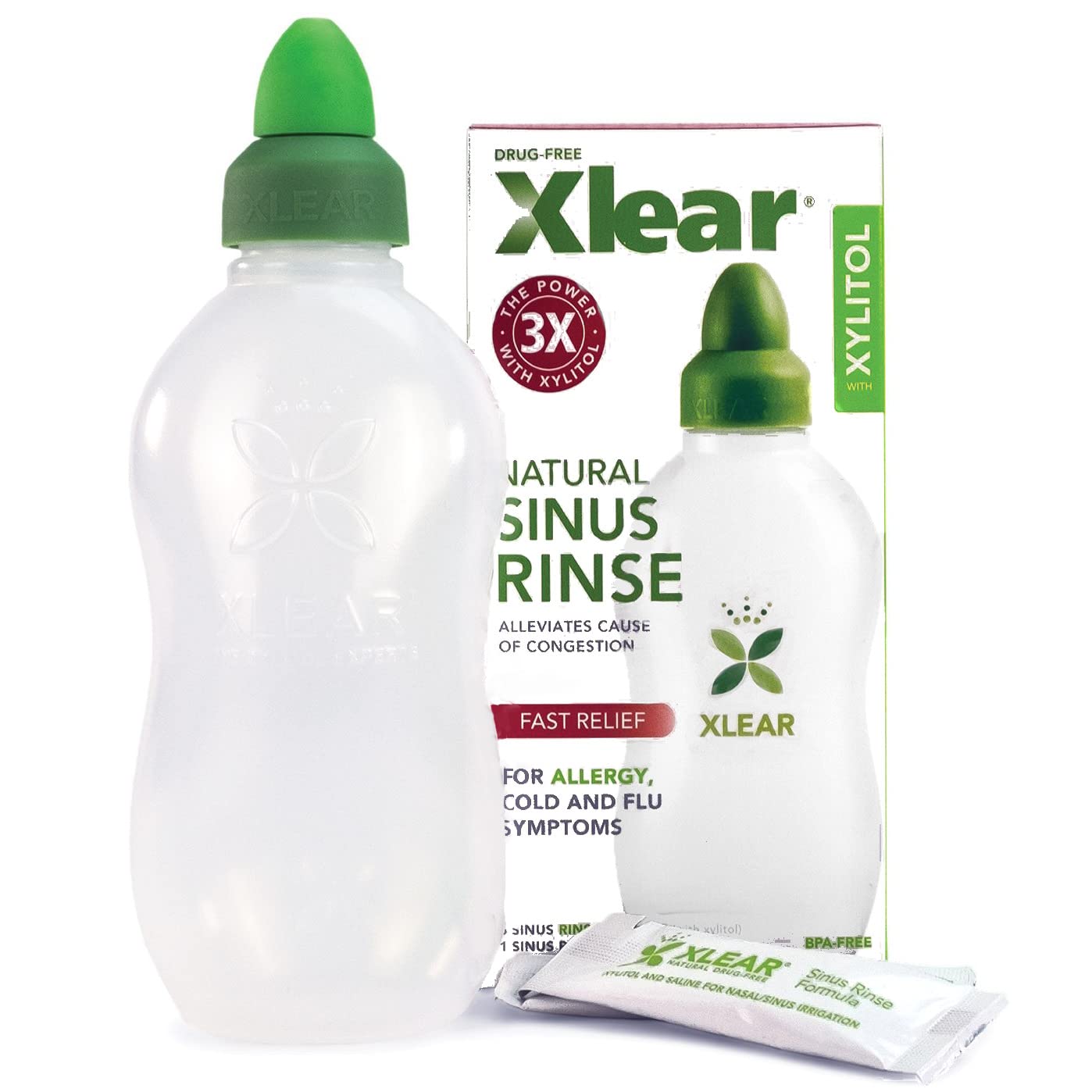 Xlear Natural Xylitol Nasal Irrigation System with 6 Saline Packets & Sinus Rinse Bottle – Pack of 2