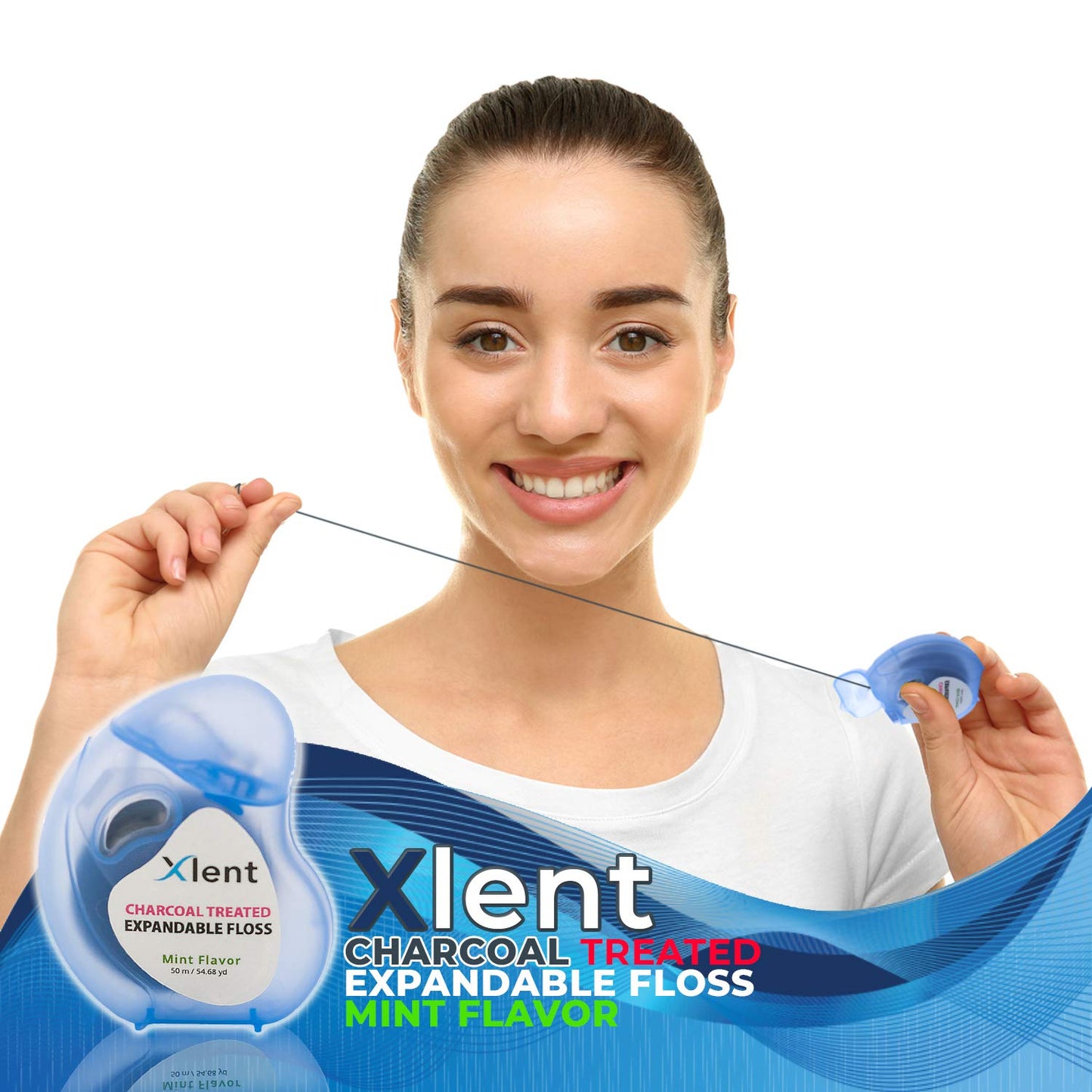Xlent Expandable Charcoal Floss with Xylitol & Mint – 150m Eco Bundle (Reusable Blue Dispenser + Refills)
