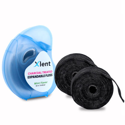 Xlent Expandable Charcoal Floss with Xylitol & Mint – 150m Eco Bundle (Reusable Blue Dispenser + Refills)