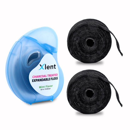 Xlent Expandable Charcoal Floss with Xylitol & Mint – 150m Eco Bundle (Reusable Blue Dispenser + Refills)