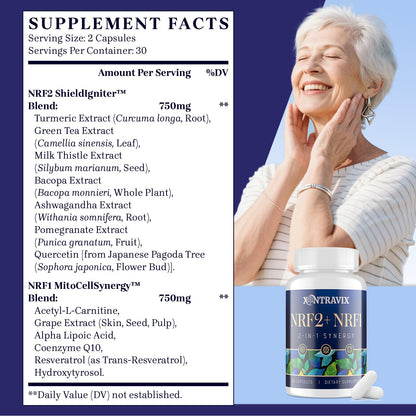 NRF1 & NRF2 Supplement 1500mg | Dual Activator with CoQ10, Curcumin, Trans-Resveratrol & Ashwagandha | 60 Capsules