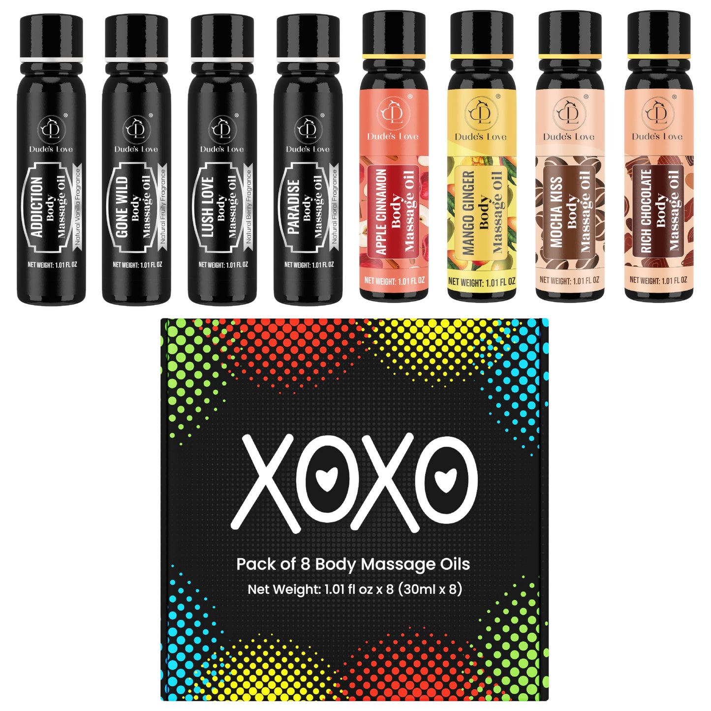 XOXO 8-Piece Flavoured Body Massage Oils Set – Natural Aroma 240ML | by Dude's Love