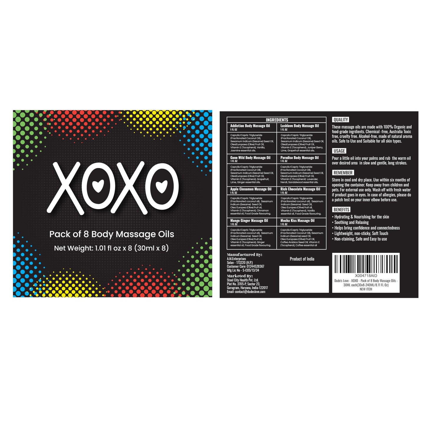 XOXO 8-Piece Flavoured Body Massage Oils Set – Natural Aroma 240ML | by Dude's Love