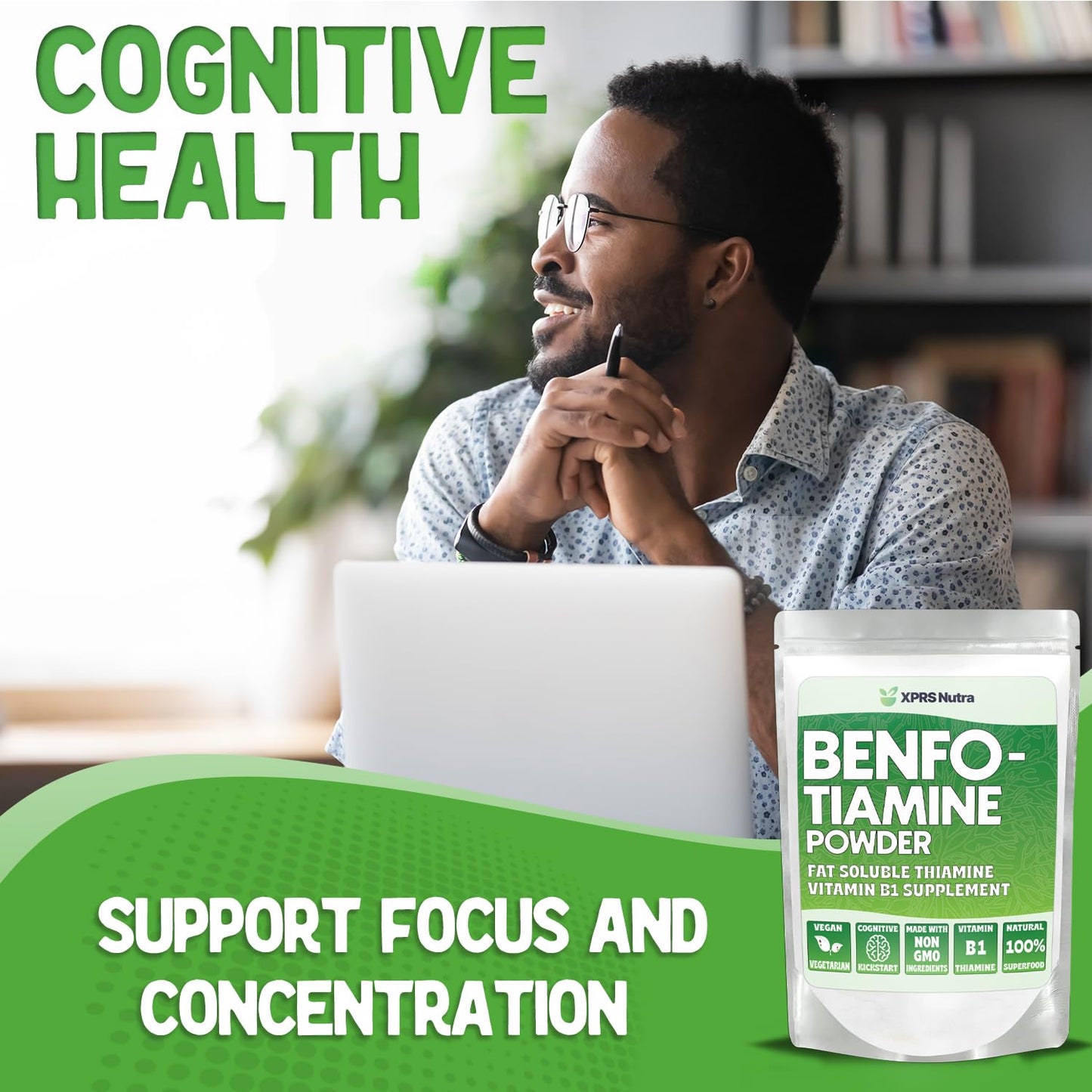 XPRS Nutra Benfotiamine Powder (Thiamine) - Fat Soluble Happy Heart Thiamine Supplement - Advanced Vitamin B1 Benfotiamine for a Cognitive Boost - Vegan Friendly Benfotamine Powder (1 Ounce)