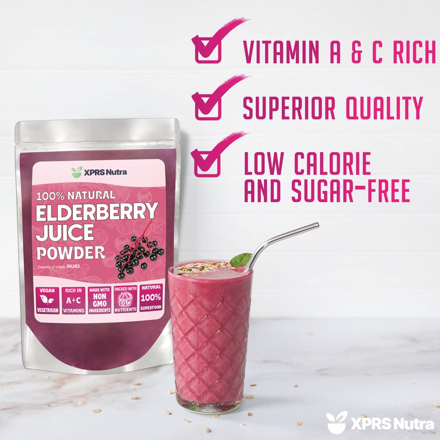 XPRS Nutra Elderberry Juice Powder – Organic Elderberry Powder (16 oz) | Vitamin A & C
