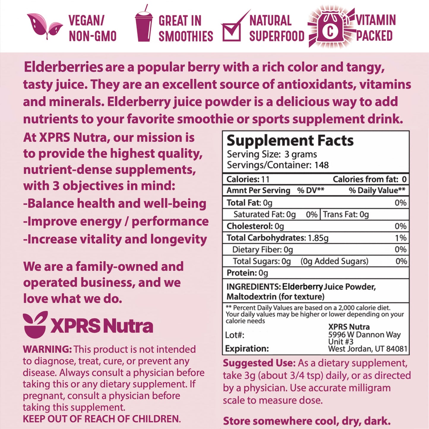 XPRS Nutra Elderberry Juice Powder – Organic Elderberry Powder (16 oz) | Vitamin A & C
