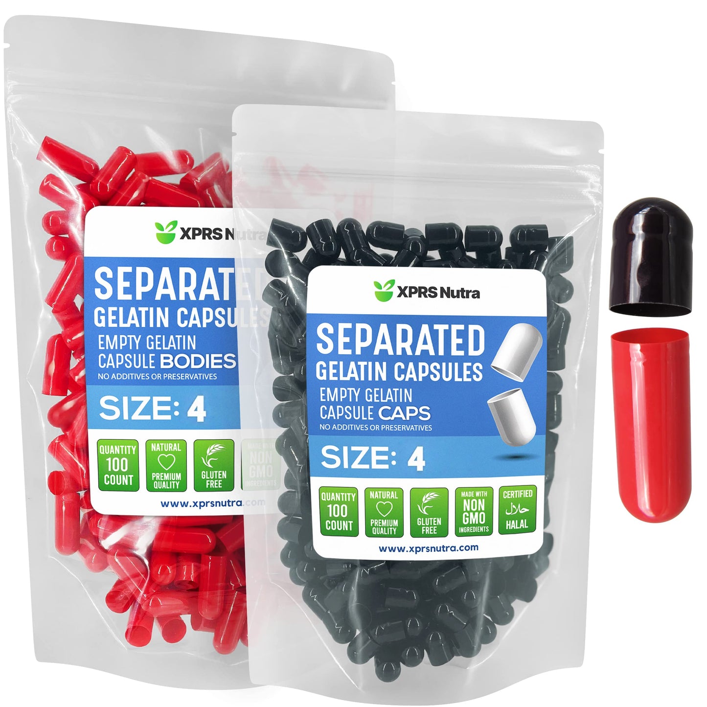 XPRS Nutra Gelatin Size 4 Separated Capsules – 100 Count DIY Fillable Pill Caps (Black/Red)