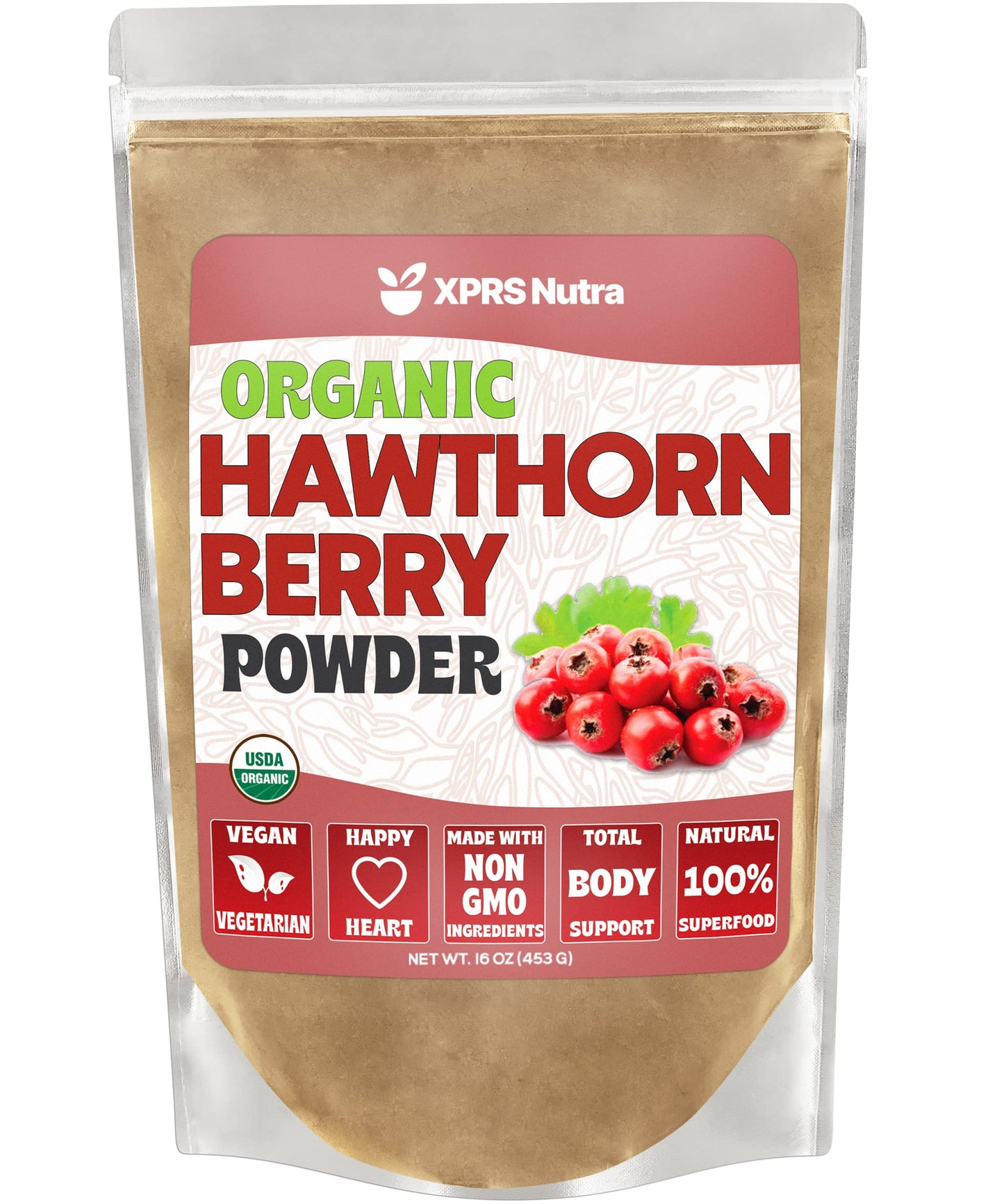 XPRS Nutra Organic Hawthorn Berry Powder – Premium USDA Organic Hawthorn for Cardiovascular Support – Vegan (16 oz)
